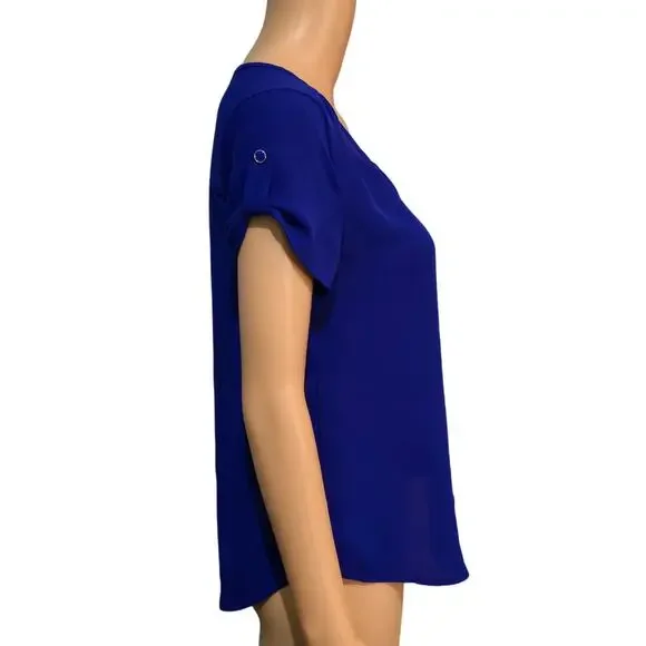 MINE Blue Roll Tab Blouse Small - Picture 3 of 6